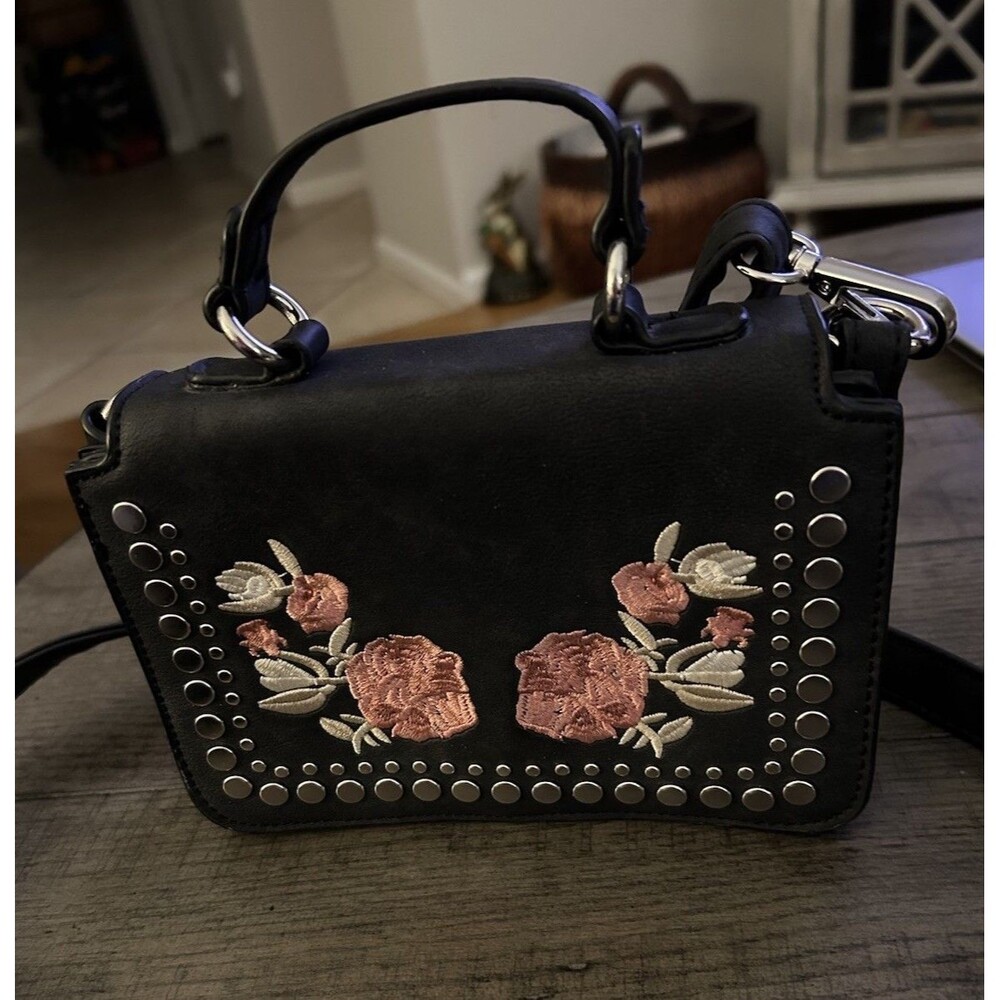 Small Black Faux Leather Embroidered/Studded Crossbody Bag